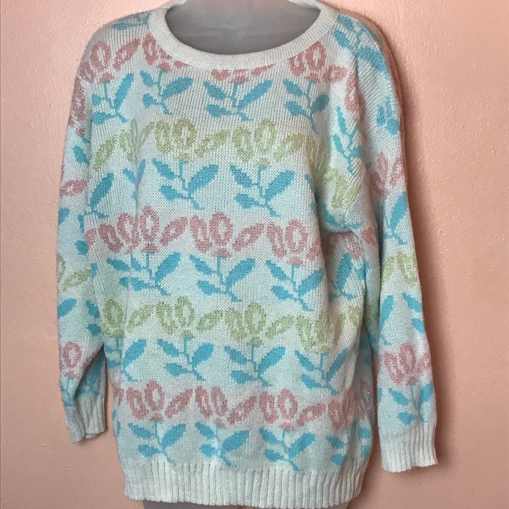 Vintage Sparkly Pastel Flower Sweater 80s 90s Fairycore
